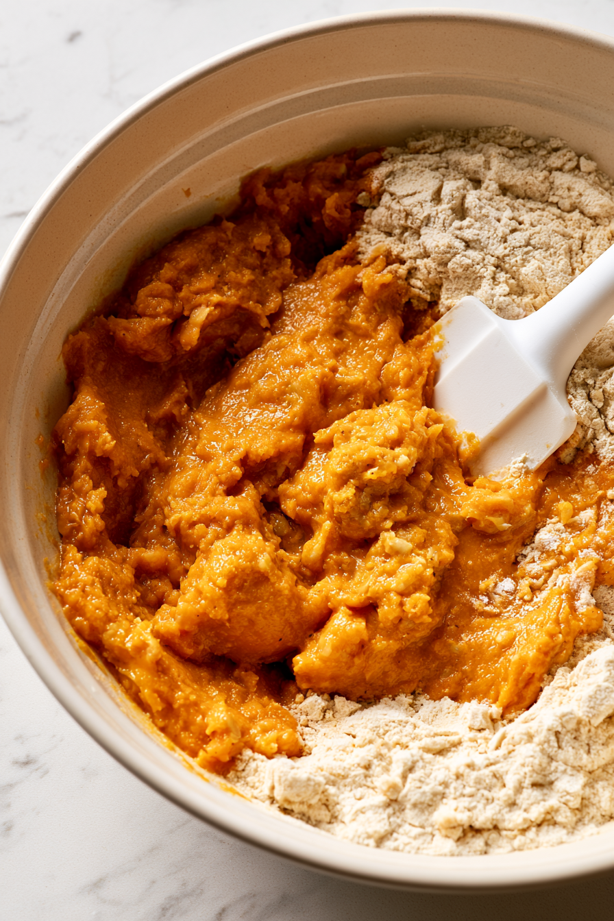 Stir in the pumpkin puree until just combined. The dough will be slightly sticky but should hold together