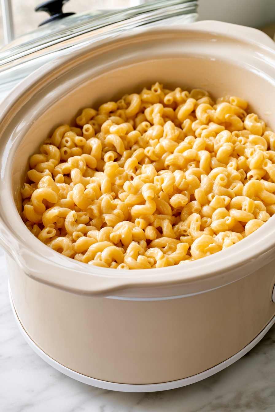 Transfer the cooked pasta to the slow cooker, spreading it out evenly across the bottom