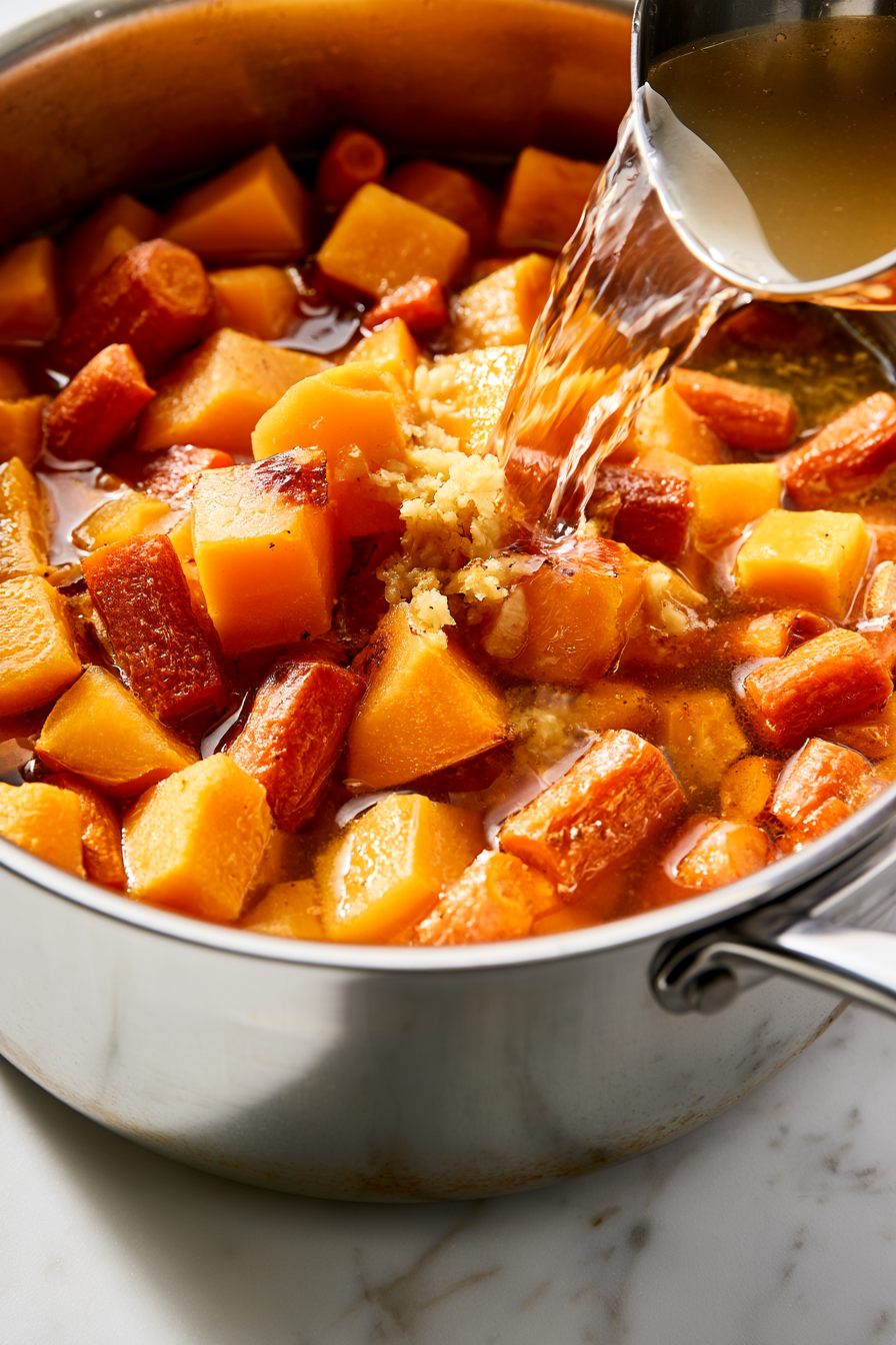 Transfer the roasted vegetables to a large pot and pour in the vegetable broth, just enough to cover the vegetables comfortably