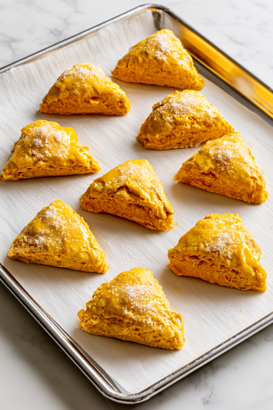 Transfer the wedges to your prepared baking sheet, spacing them about 2 inches apart. Brush the tops with beaten egg and sprinkle with the sugar