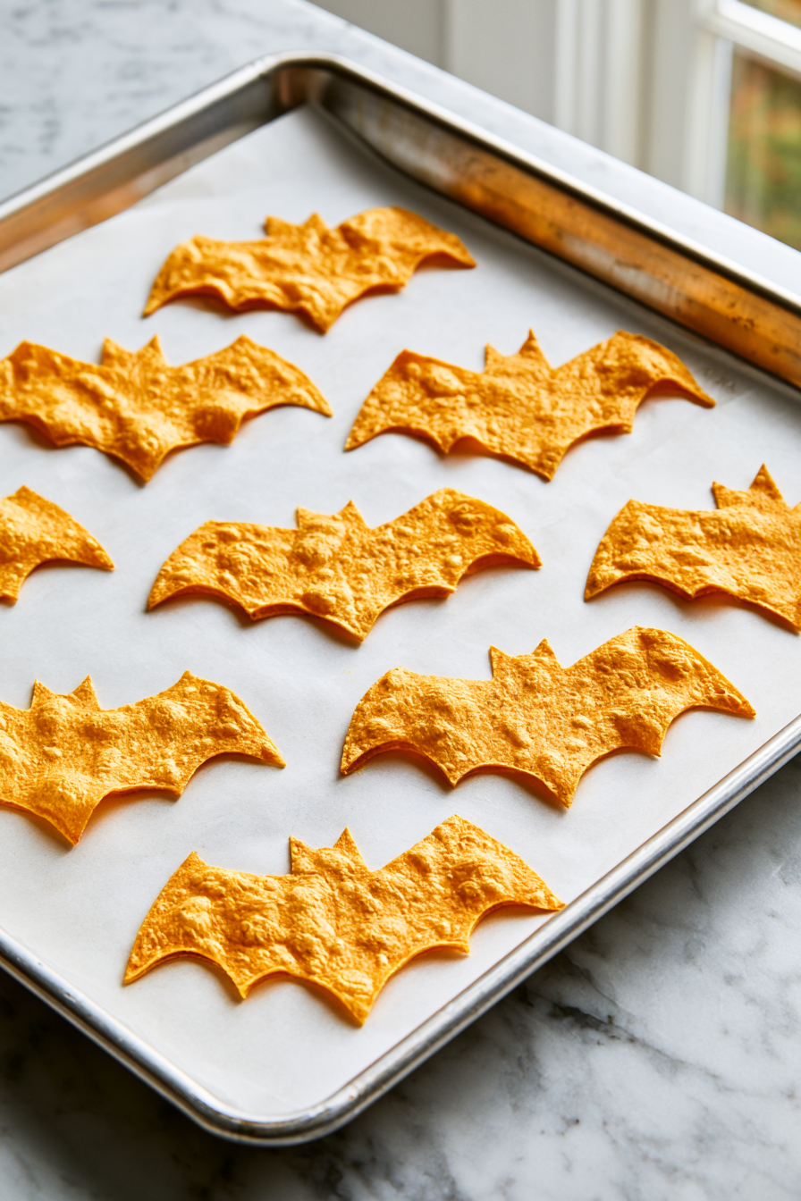 Use a bat-shaped cookie cutter or carefully cut shapes from the tortilla chips with a sharp knife