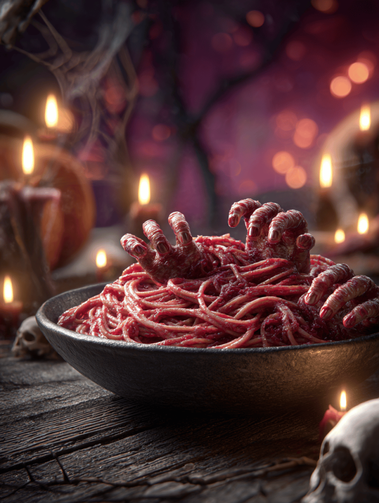 Halloween Bloody Spaghetti with Sausage Fingers — A Ghoulish Feast for the Brave