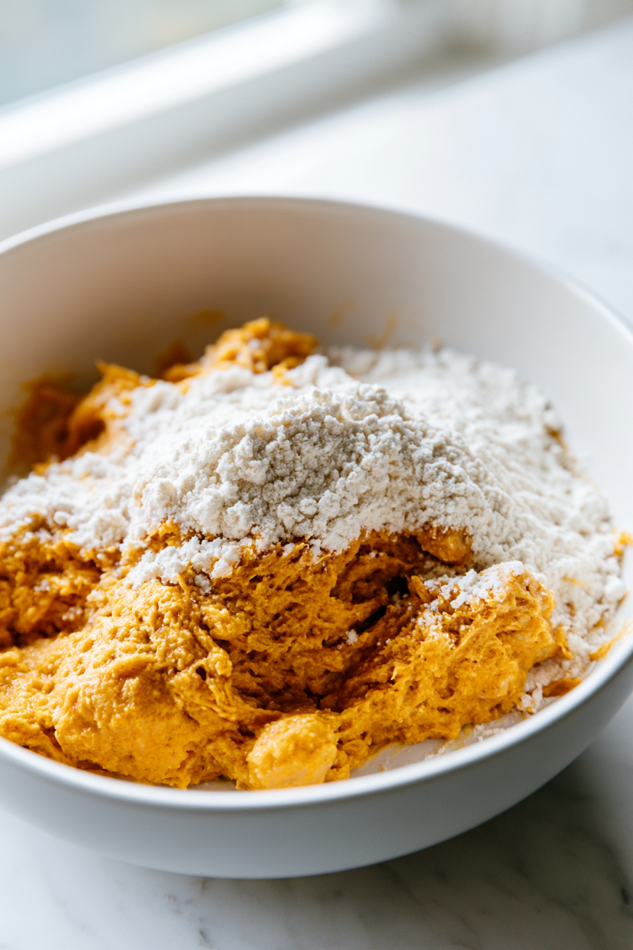 Add the all-purpose flour to the pumpkin mixture, gradually folding it in until a soft dough forms