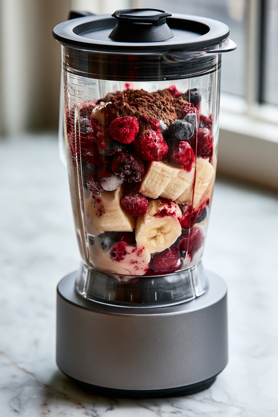Add the almond milk and cacao powder to the blender, creating a rich and velvety mixture when blended