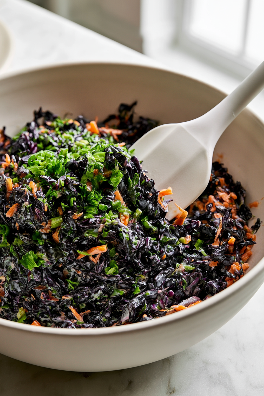Add the chopped scallions or herbs to the bowl, folding them into the mixture for fresh bursts of flavor. The herbs should be evenly distributed, with bright green bits visible throughout