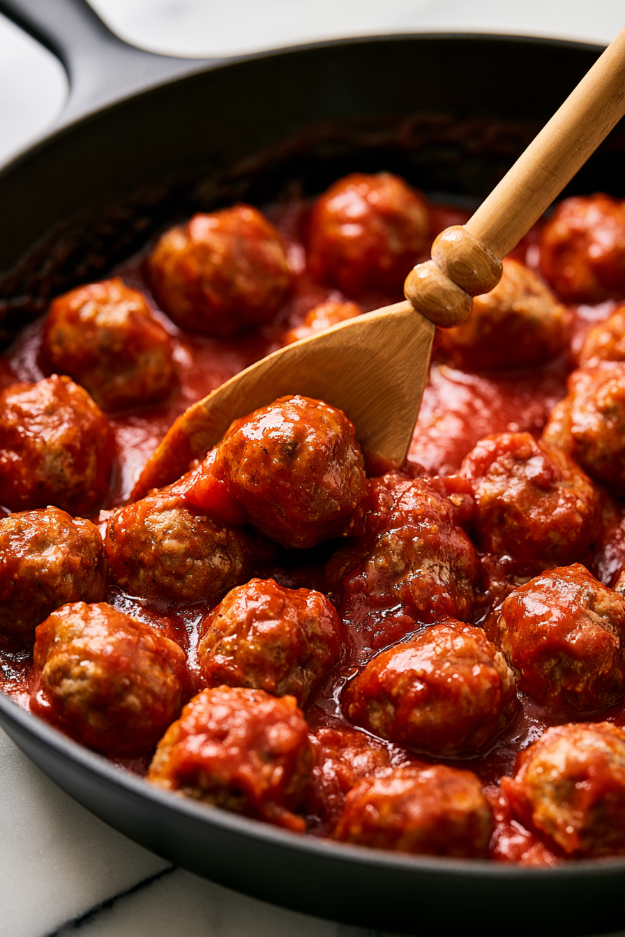 Add the cooked pork meatballs to the sauce and gently coat them