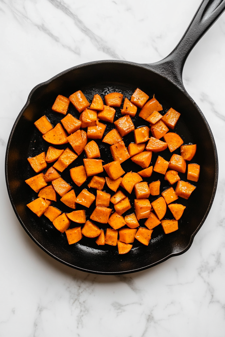 Add the diced pumpkin to the pan, sprinkle with a pinch of salt, and cook, stirring occasionally, until the pumpkin starts to turn golden brown and develops a deep caramel color