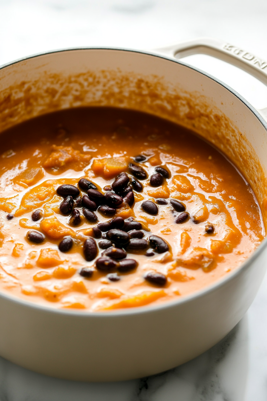 Add the drained black beans to the soup, stirring to combine