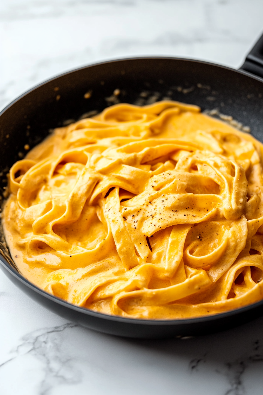 Add the drained pasta to the skillet, tossing gently to coat each piece with the luscious pumpkin sauce