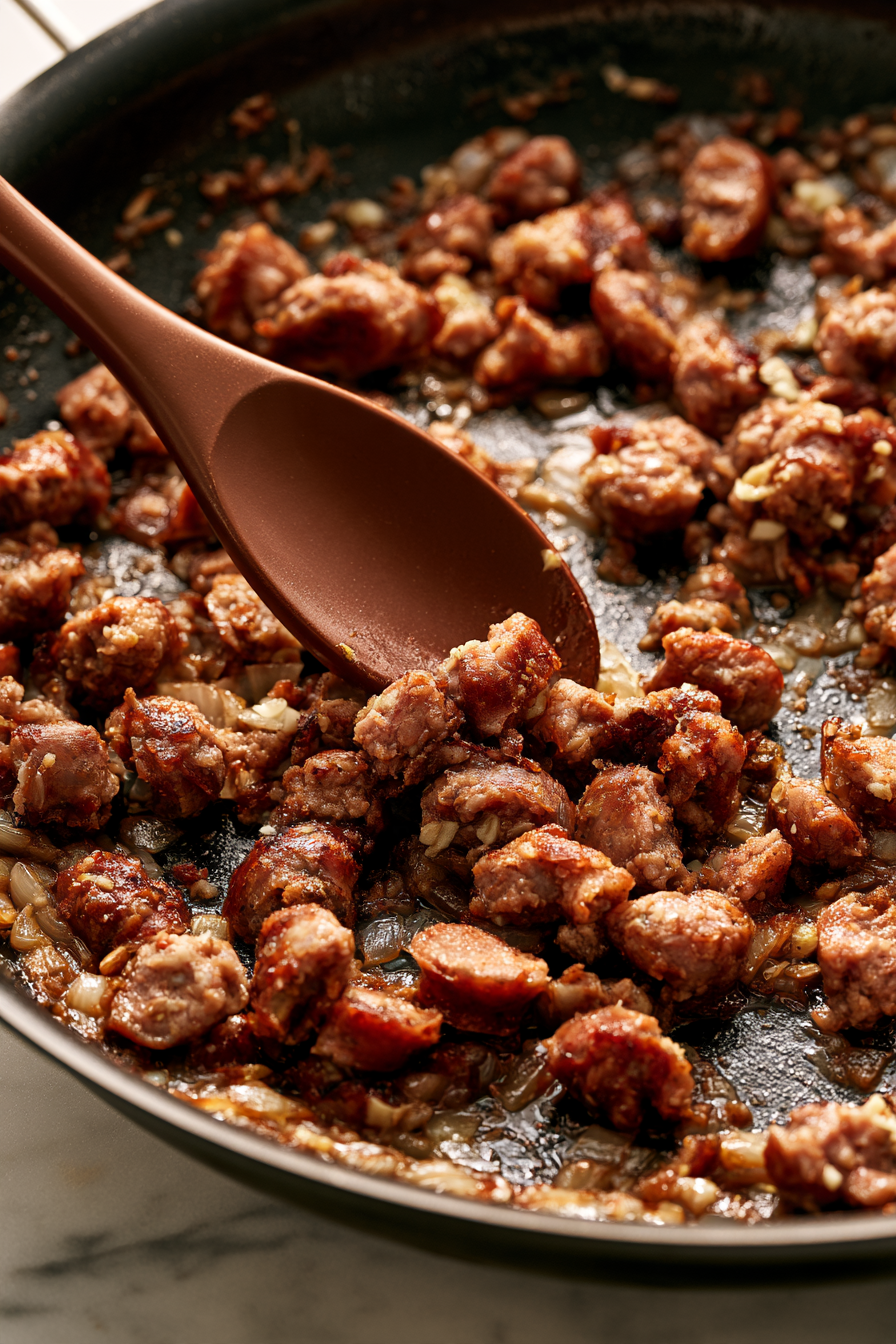Add the garlic and ground sausage. Cook for 6–8 minutes, breaking the meat apart, until browned and fully cooked