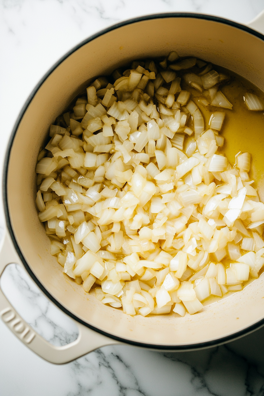 Add the olive oil to the hot pot, then sauté the diced onion and minced garlic until they become translucent and fragrant, about 5 minutes