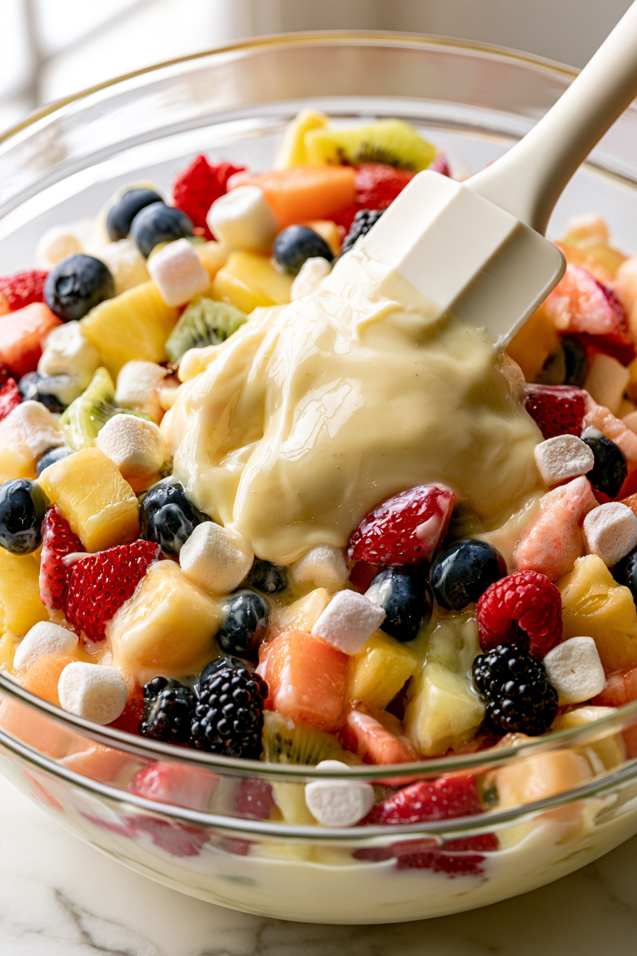 Add the prepared vanilla pudding to the mixture and gently fold it in