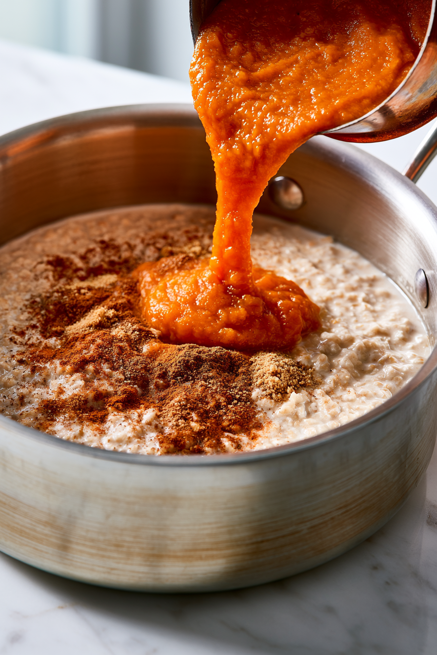 Add the pumpkin puree, ground cinnamon, nutmeg, ground ginger, a pinch of salt, and maple syrup into the saucepan