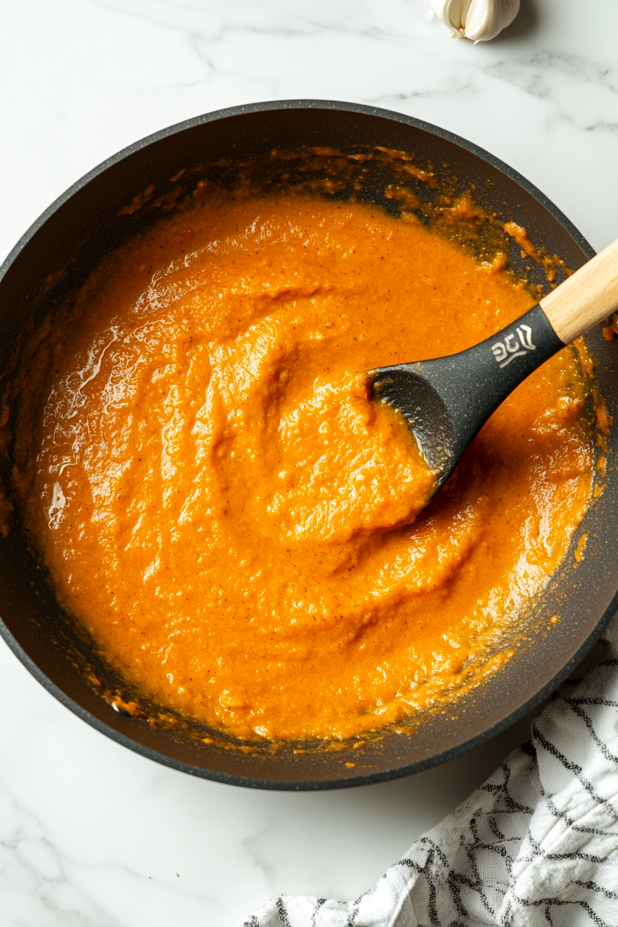Add the pumpkin puree to the skillet with the garlic, stirring well to combine