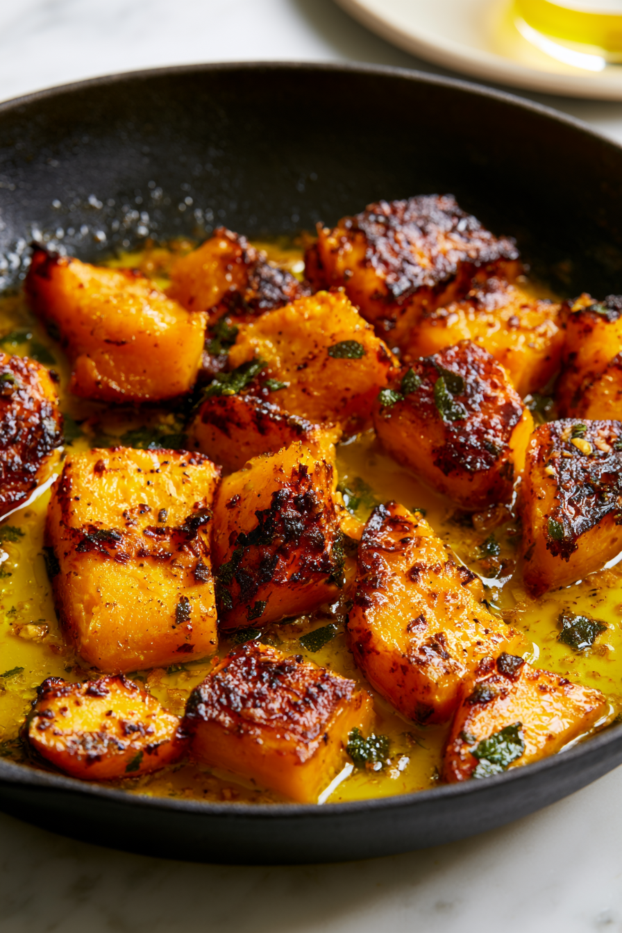 Add the roasted pumpkin to the skillet, breaking it apart with a spatula and stirring to coat it with the fragrant oil