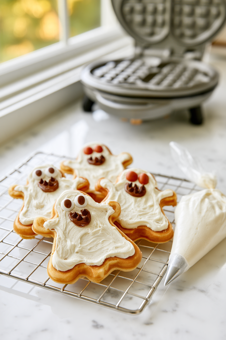 Allow the waffles to cool slightly before decorating. Add whipped cream or vanilla frosting over the ghost shape