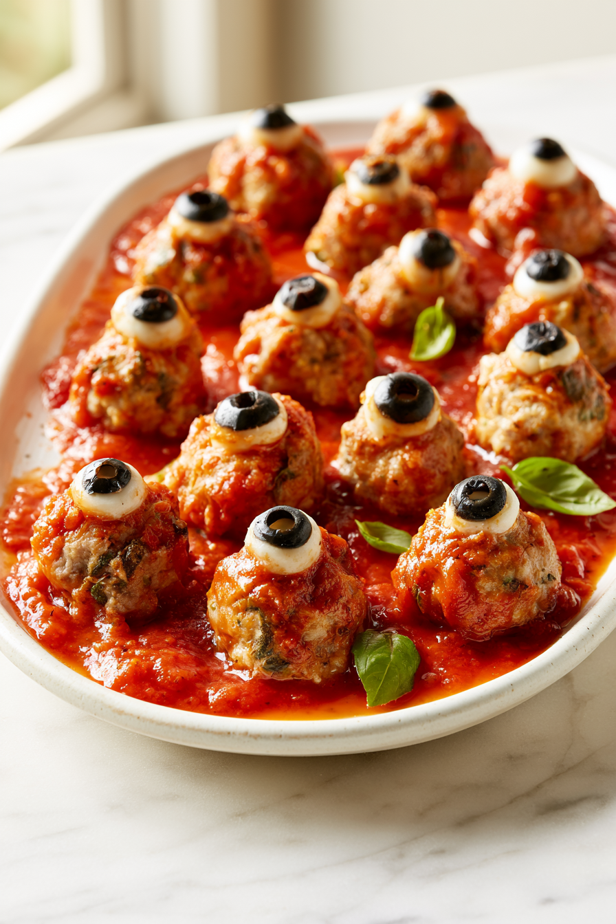 Arrange the eyeball pork meatballs on a serving platter with extra marinara sauce underneath