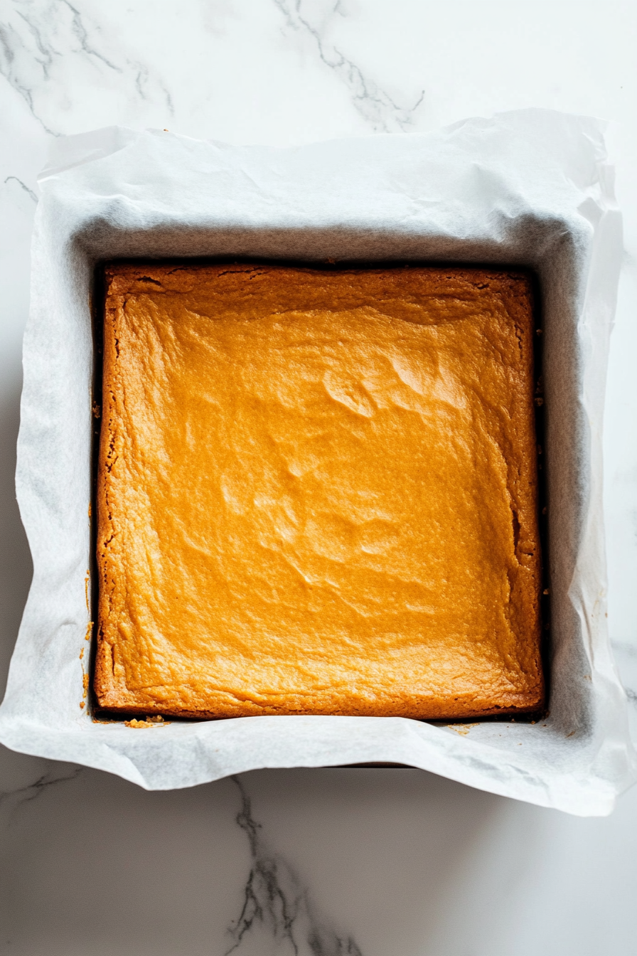 Bake the assembled bars for 40-45 minutes, until the edges are lightly browned and the center jiggles just slightly when gently shaken