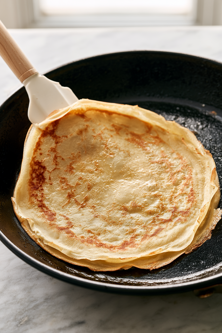 Carefully flip the crepe using a spatula, cooking the other side for about 30 seconds until it also turns golden and slightly crispy around the edges