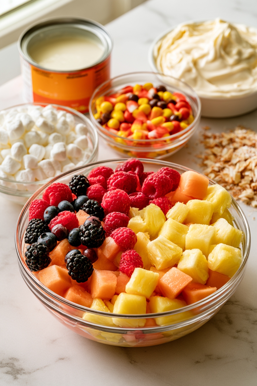 Chop the assorted fresh fruits into bite-sized pieces, aiming for uniform sizes=