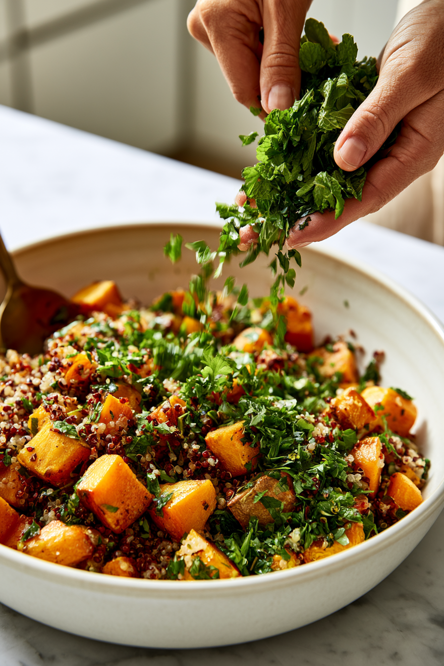 Chop the parsley and mint finely, then sprinkle over the salad. Toss again to distribute the herbs throughout