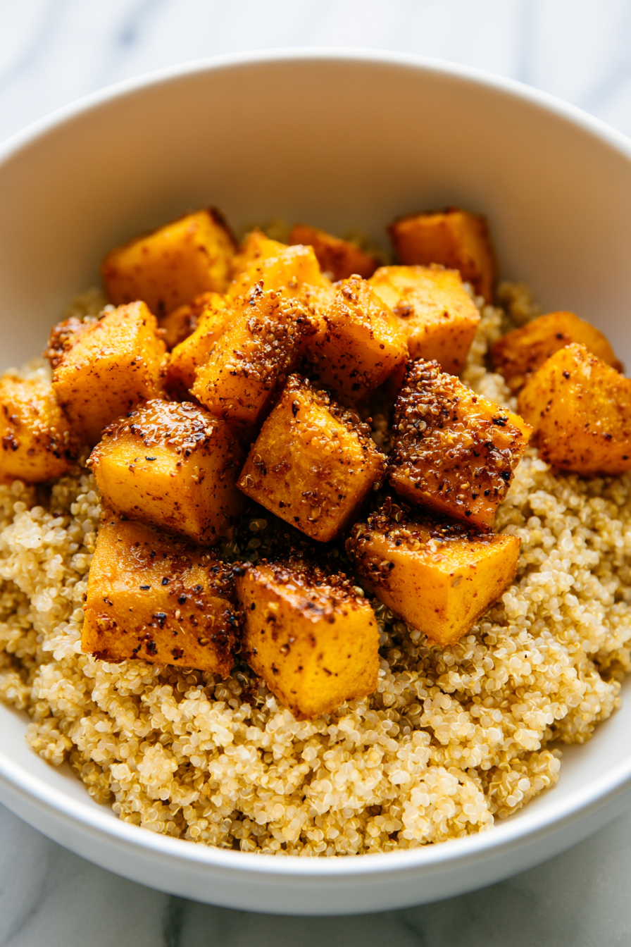 Fluff the cooked quinoa with a fork and transfer it to a large mixing bowl. Add the slightly cooled roasted pumpkin pieces