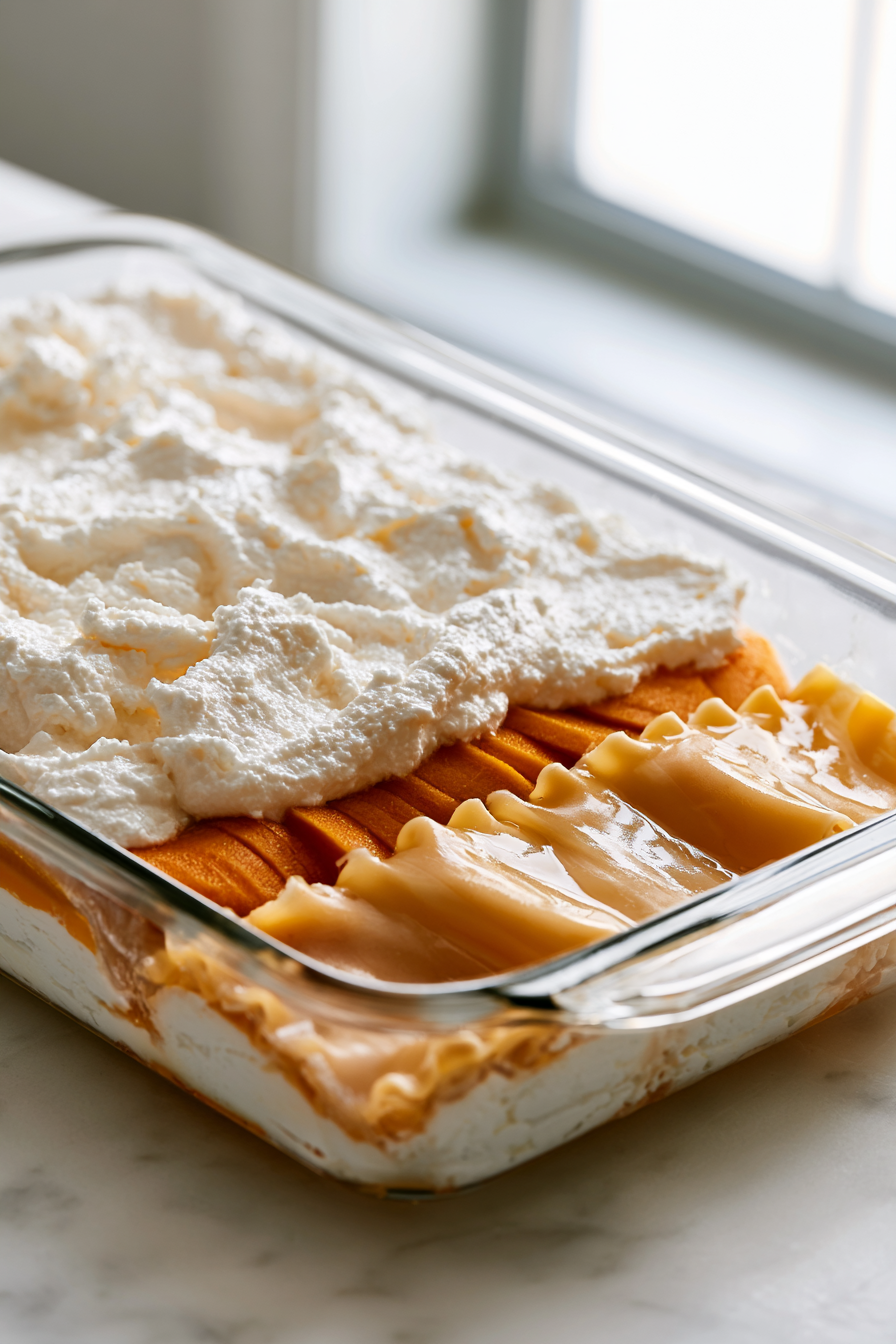 Follow with a layer of cooked noodles, and repeat these layers until all ingredients are used, ending with a pumpkin layer on top.