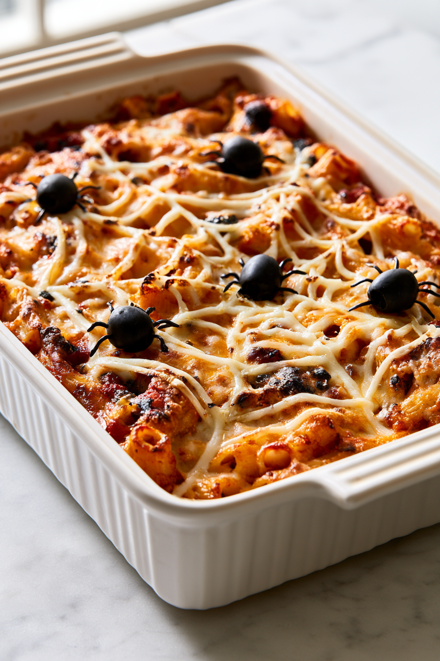 For a spiderweb effect, place shredded mozzarella in thin lines over the top and gently heat until melted into a web-like pattern