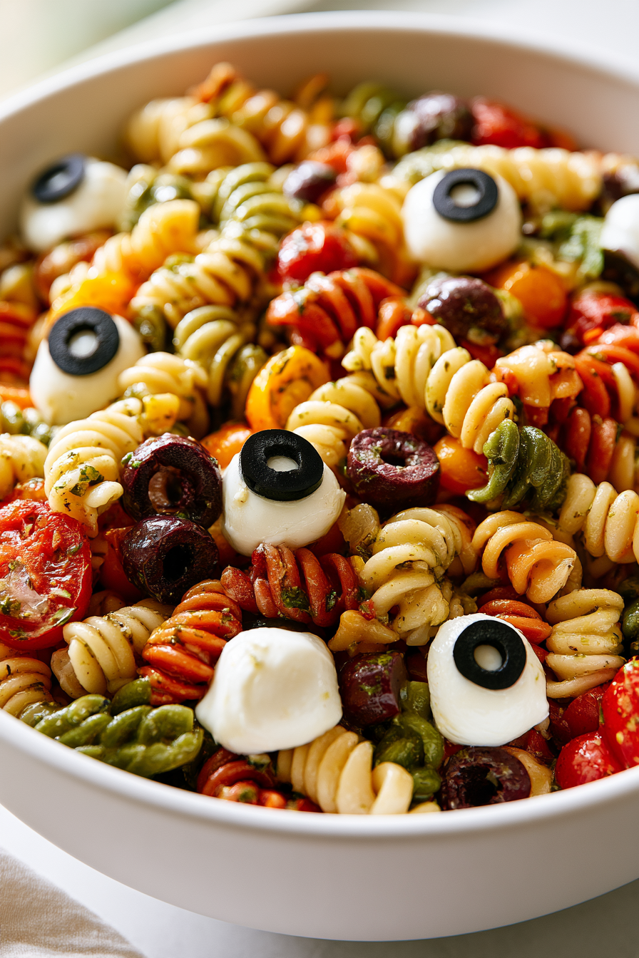 Gently fold in the mozzarella balls, placing them sporadically to resemble eyeballs or floating ghosts for a spooky effect