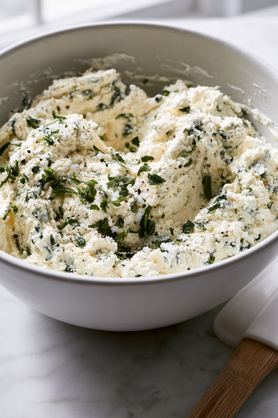 In a bowl, mix the ricotta cheese with chopped sage, a pinch of salt, and pepper