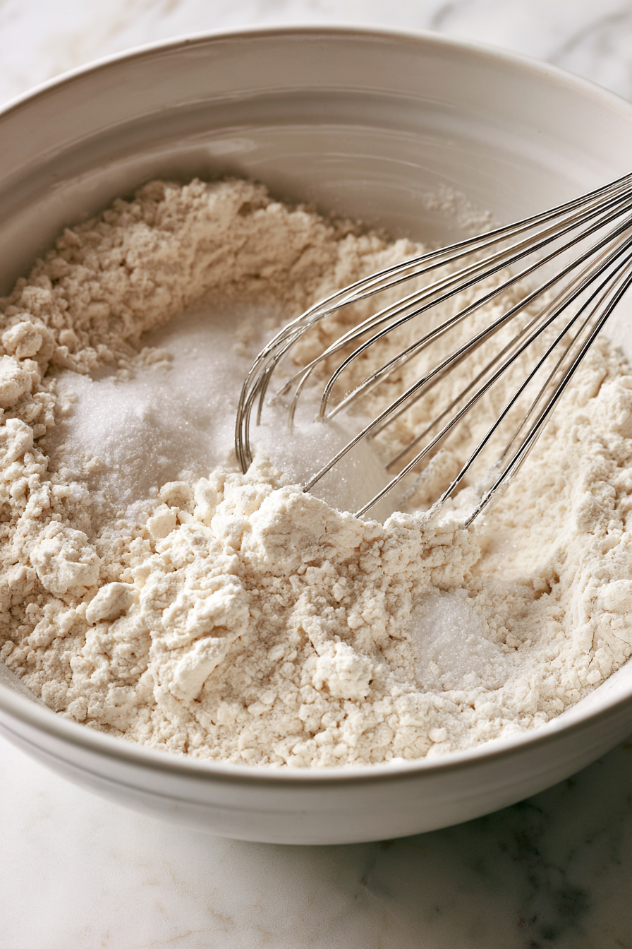 In a large bowl, whisk together the flour, sugar, baking powder, and salt