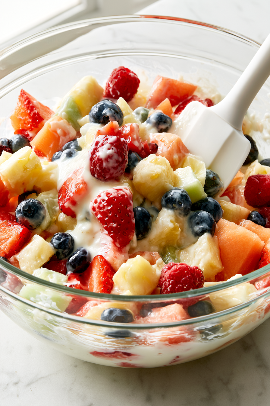 In a large mixing bowl, gently toss the chopped fruits with the sweetened condensed milk and a splash of lemon juice