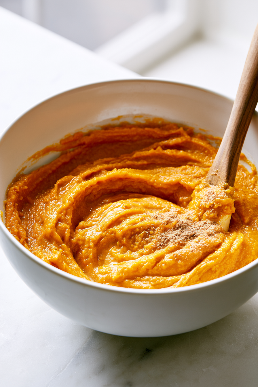 In a mixing bowl, combine the warm pumpkin with the beaten egg, nutmeg, and a pinch of salt. Stir until well blended and the mixture is smooth