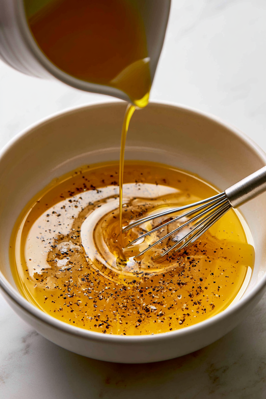 In a small bowl, whisk together lemon juice, honey, and a pinch of salt and pepper