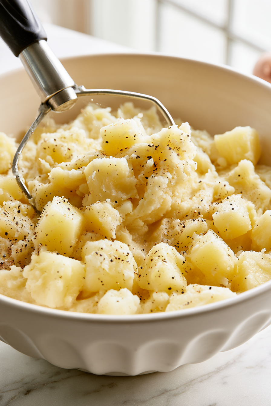 Mash the potatoes with butter, milk, salt, and pepper until smooth and creamy