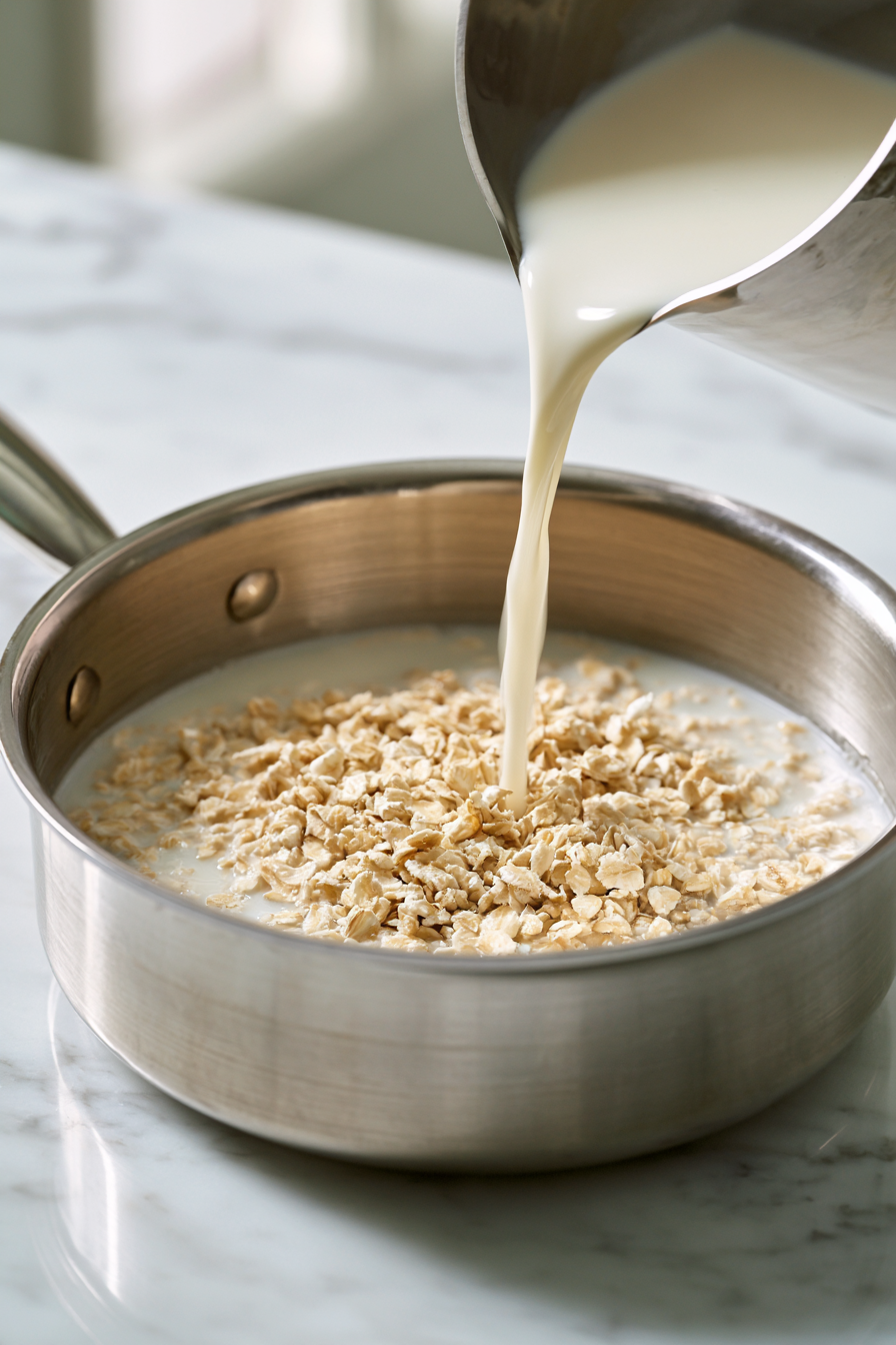 Measure out the oats and pour them into a saucepan along with the milk