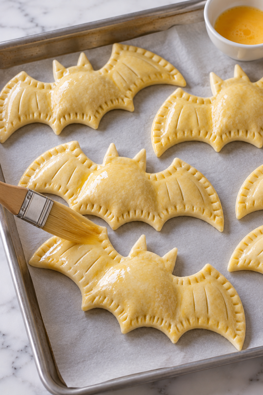 Mix the beaten egg and brush it evenly over the top of each calzone using a pastry brush