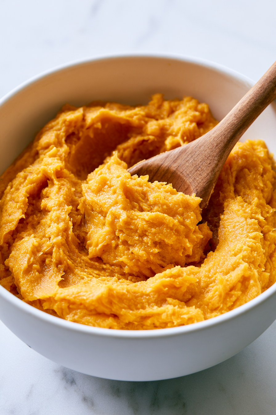 Once roasted, let the pumpkin cool slightly, then scoop out the flesh and mash it until smooth