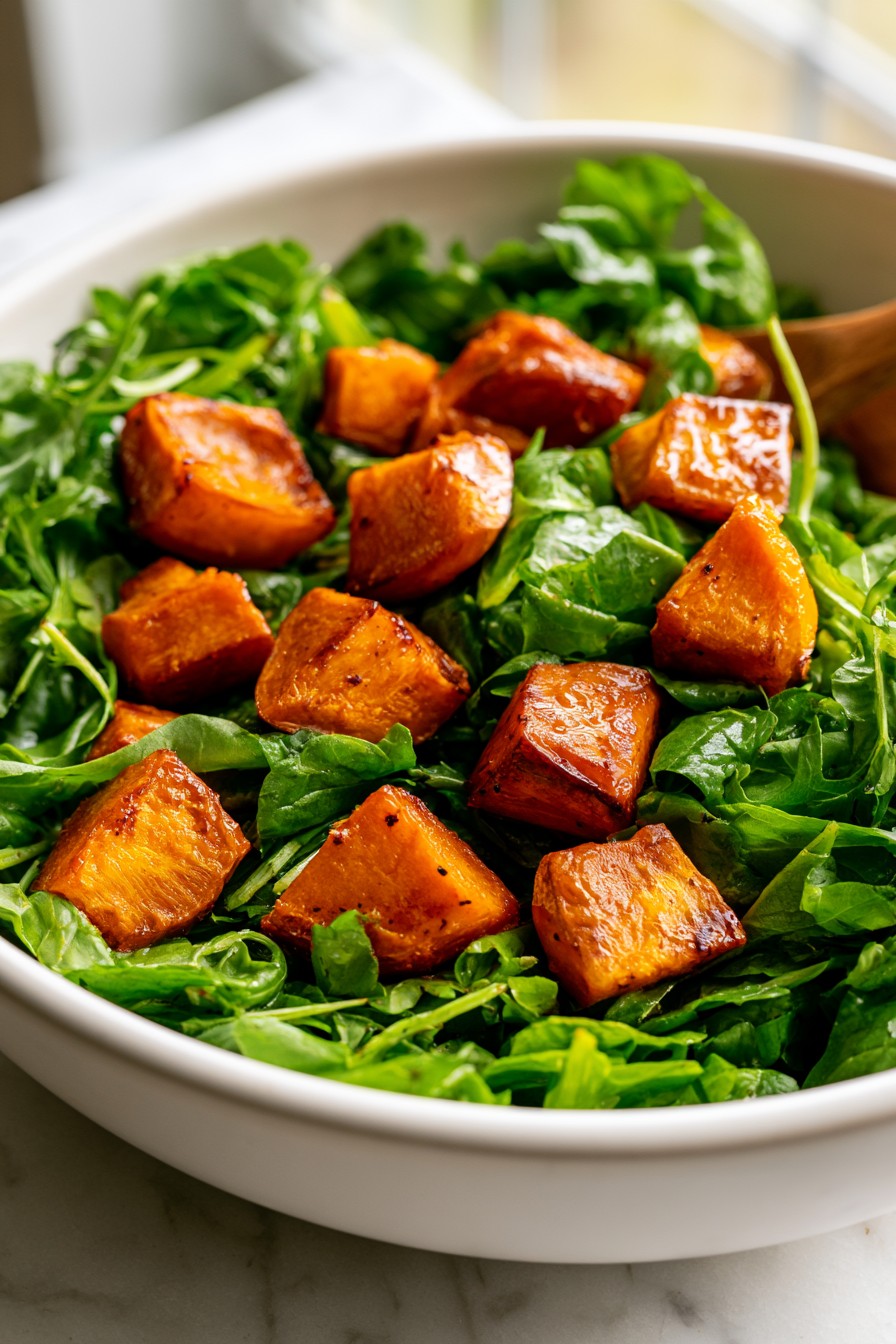 Once the pumpkin is roasted and still warm, add it directly to the greens in the bowl