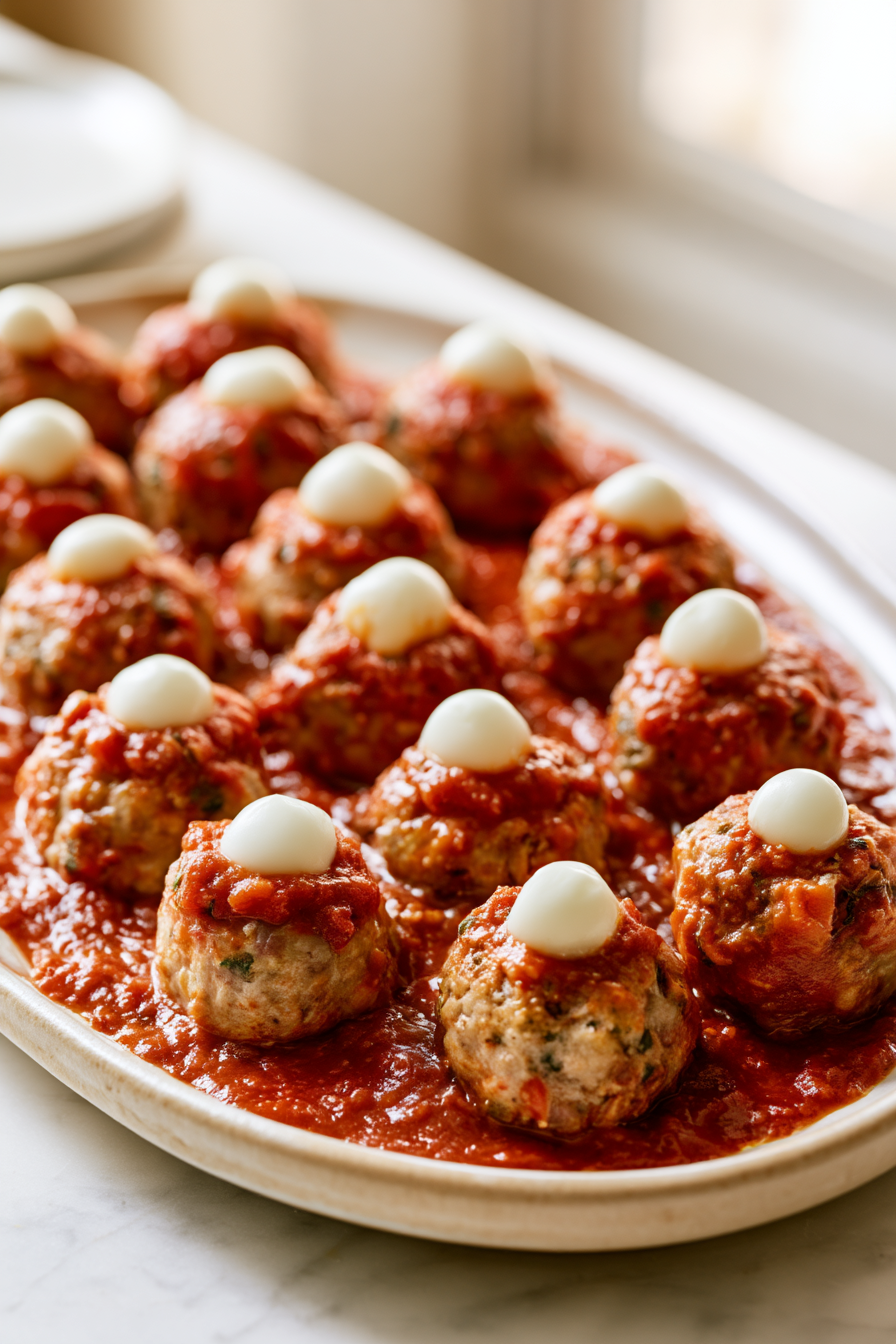Place a mozzarella pearl on top of each meatball to create the white part of the eyeball