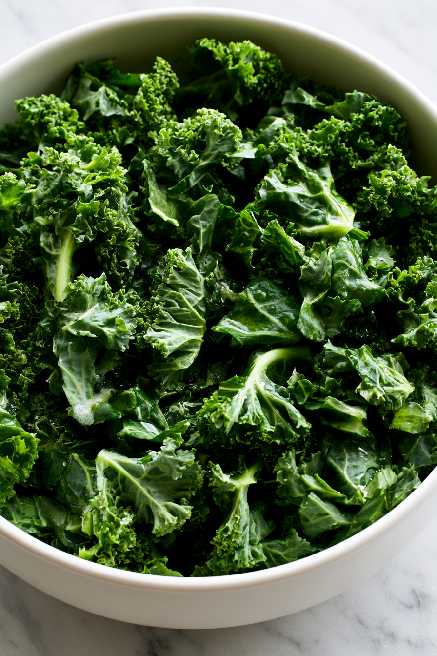 Place the kale in a large mixing bowl and sprinkle with a pinch of salt and a splash of olive oil