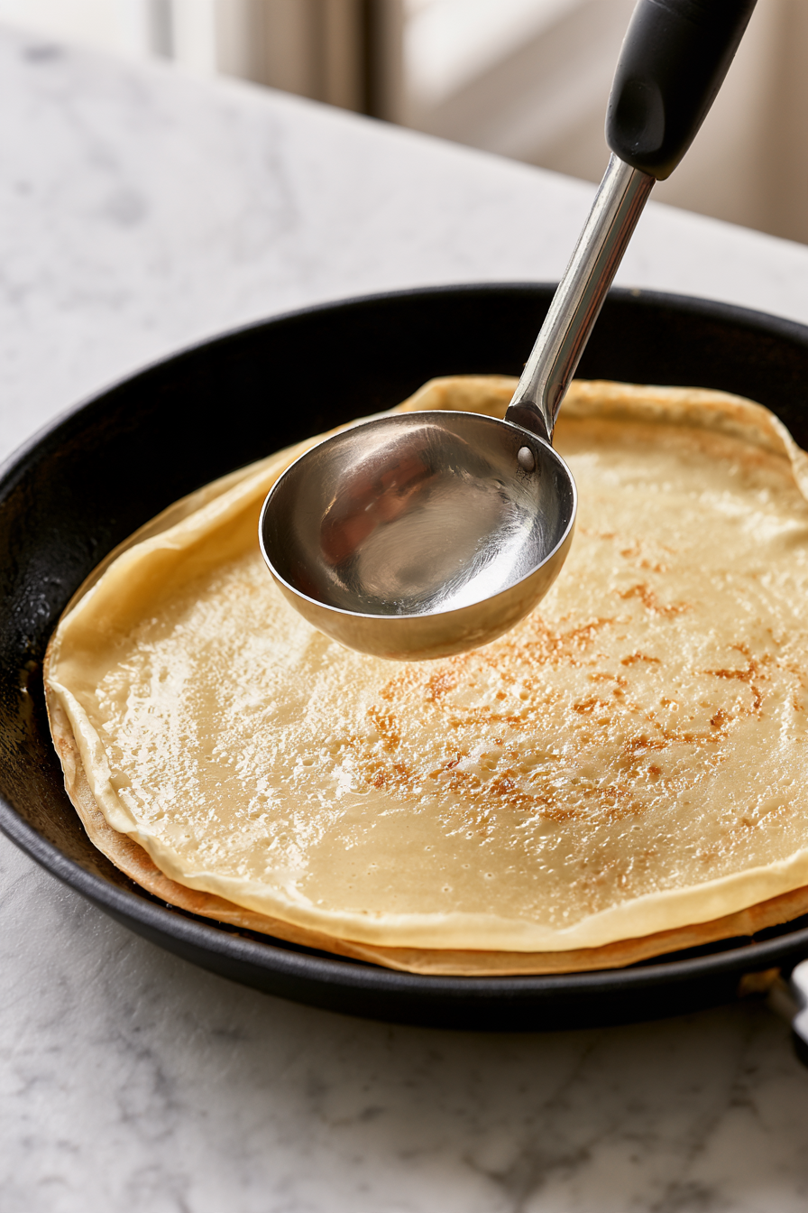Pour a ladleful of batter into the center of the pan, tilting the pan gently to spread it into a thin, even layer