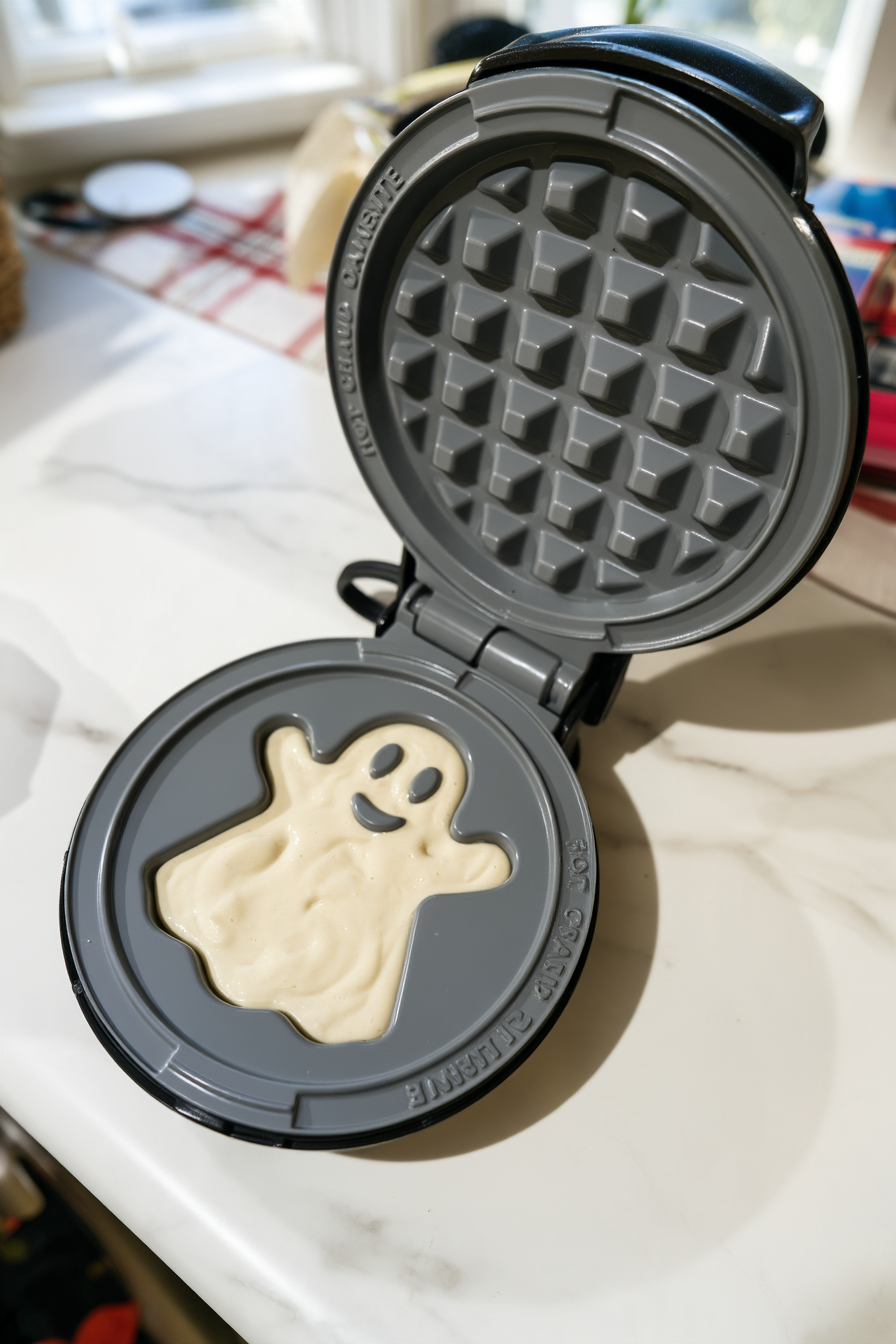 Pour enough batter into the ghost-shaped waffle mold to fill it about ⅔ to ¾ full. Do not overfill