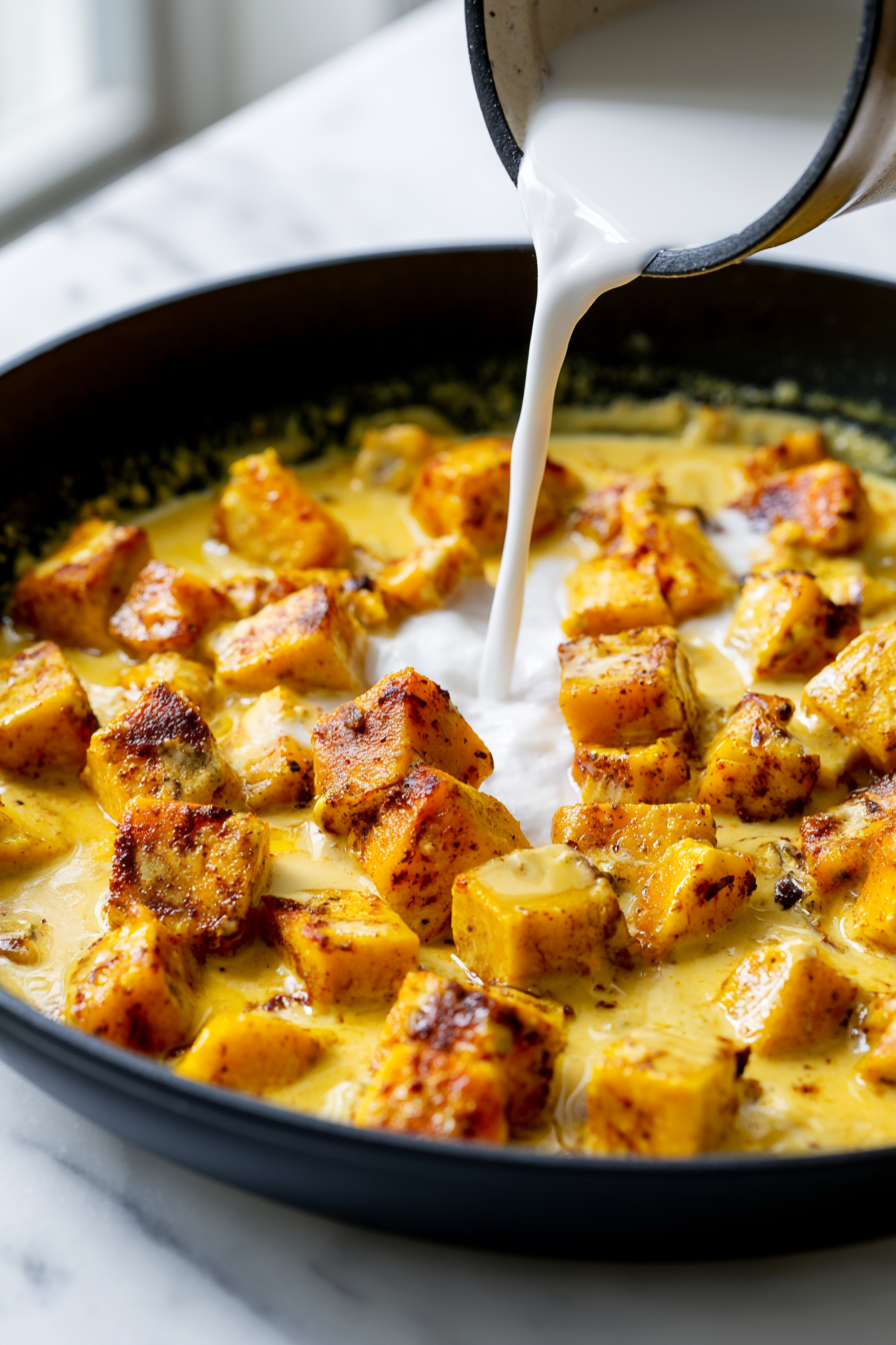 Pour in the coconut milk, stirring gently to combine everything into a creamy sauce, then bring to a gentle simmer