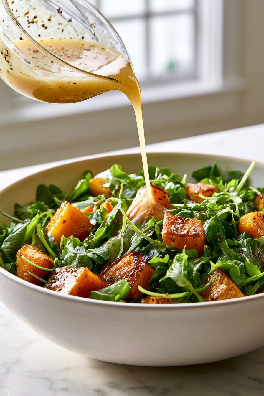 Pour the dressing over the warm pumpkin and greens