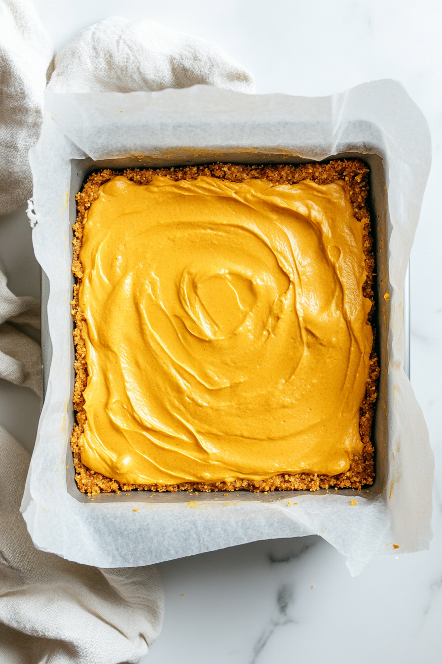 Pour the pumpkin filling over the baked crust, spreading it evenly with a spatula so the surface is smooth and level