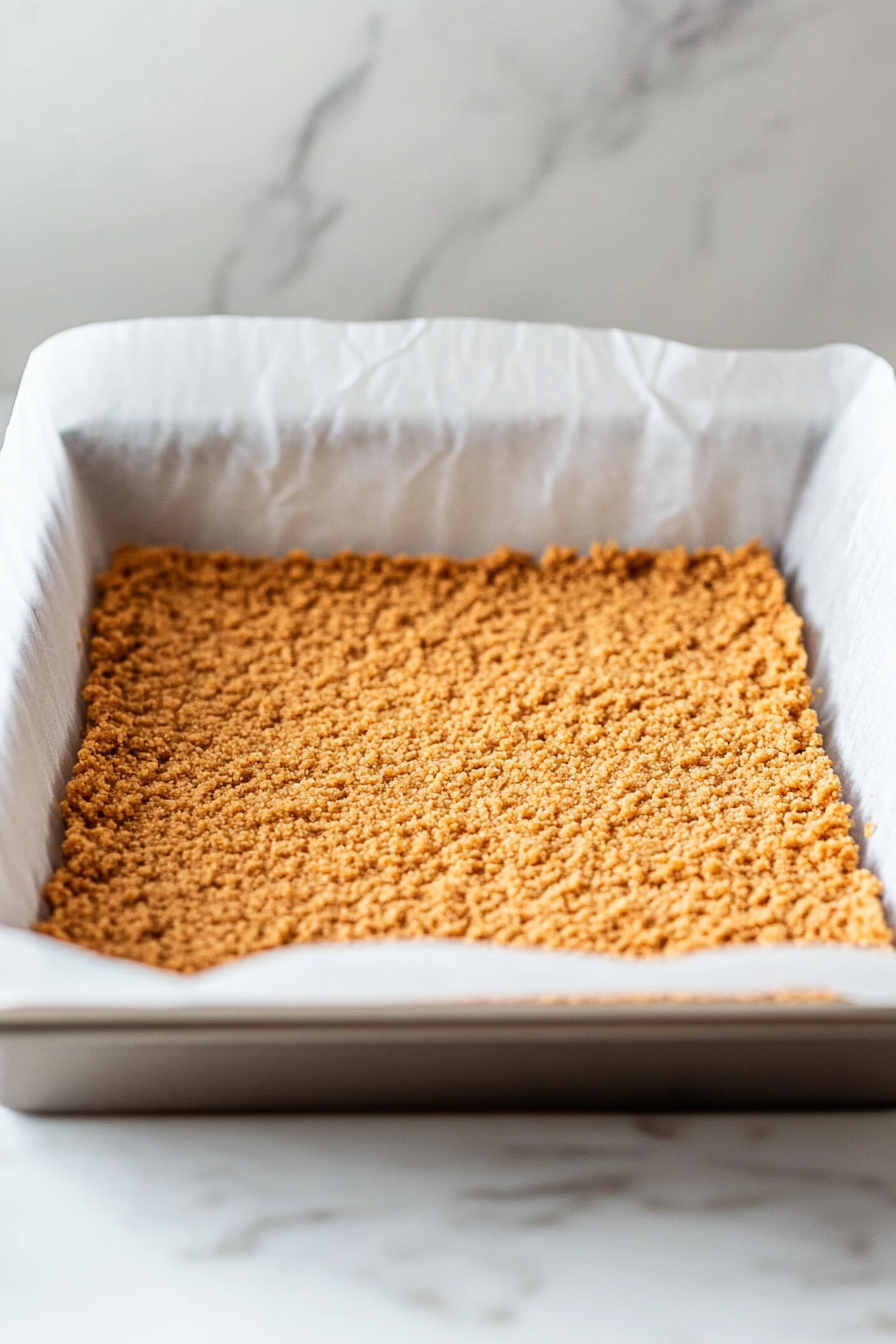 Press the crumb mixture firmly into the bottom of the prepared pan to form an even crust. Use the back of a spatula or your fingers to smooth it out.