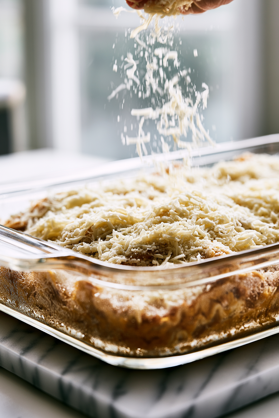 Remove the foil and sprinkle the shredded mozzarella and grated Parmesan evenly over the top