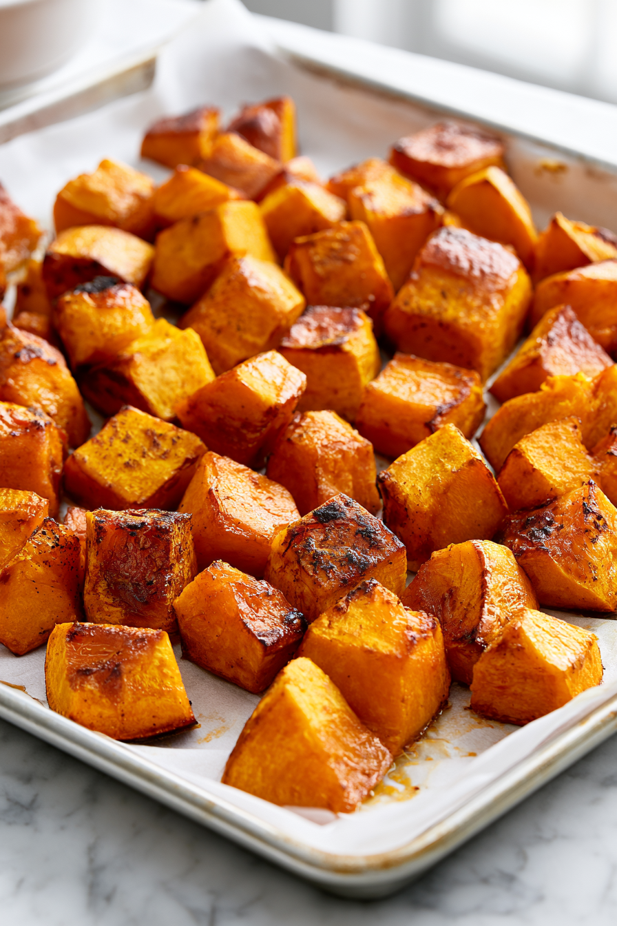 Roast the pumpkin for 25-30 minutes, flipping halfway through, until golden brown and tender with slightly charred edges and a sweet aroma