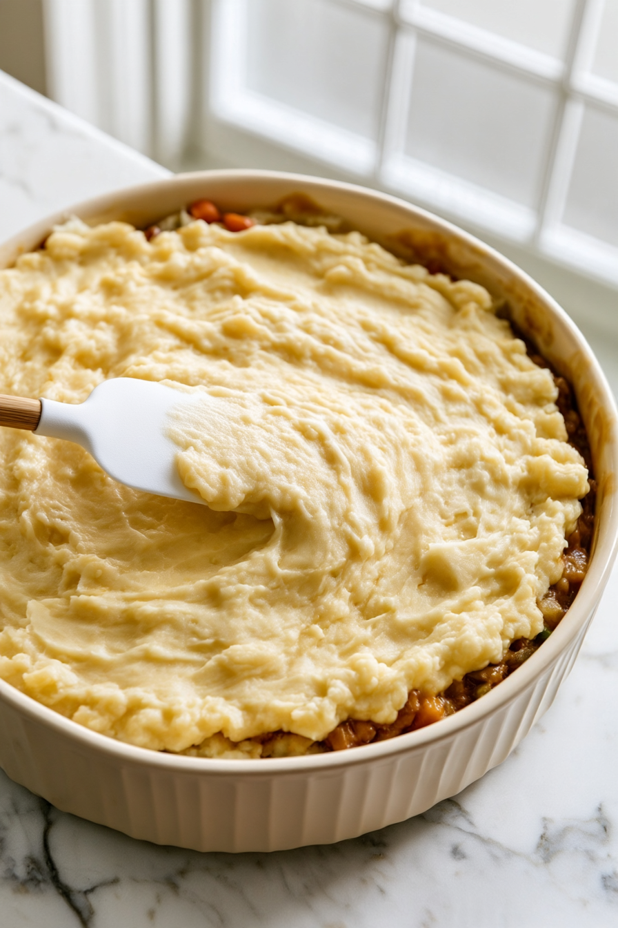 Spoon the mashed potatoes over the filling and gently spread them across the surface